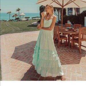 Sundress Lea Pool Backless Belted Metallic Thread Ruffle Midi Sun Dress